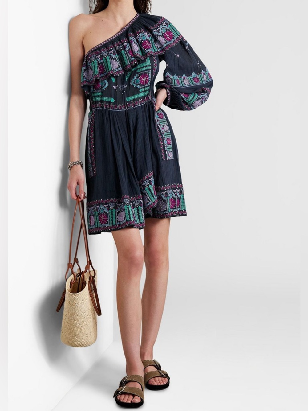 Isabel Marant Colbie Embroidered One Shoulder Navy Mini Dress NWT Size 34 FR